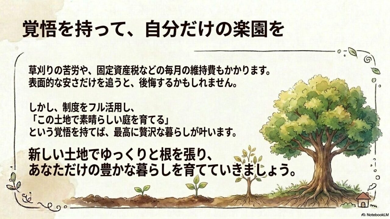 草刈りの苦労や固定資産税などの維持費を理解し、覚悟を持って理想の暮らしを叶えるためのメッセージ