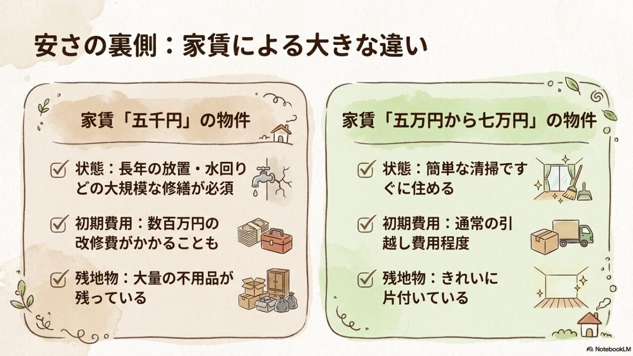 家賃5000円の物件と5万円〜7万円の物件の初期費用や残置物の状態を比較した表