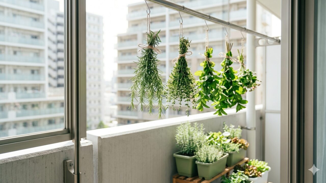 マンションのベランダで収穫したハーブを束ねて窓辺に吊るす「スマッジ（天然バリア）」。乾燥させることで精油成分を揮発させ、害虫除けと消臭効果を発揮する