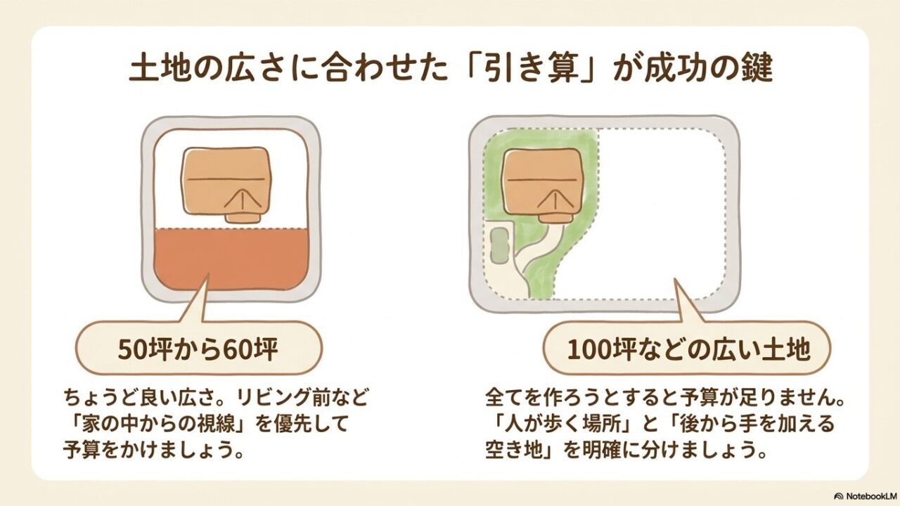 50〜60坪の土地（家の中からの視線を優先）と100坪の土地（人が歩く場所と空き地を明確に分ける）の予算配分イメージ図