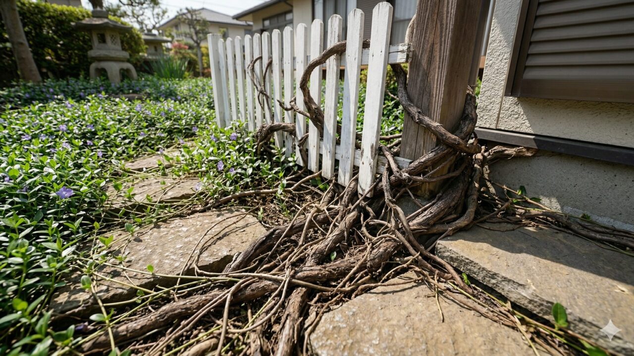 年月が経ち、木の枝のように硬くなってフェンスに絡みついたヒメツルニチニチソウの蔓。.