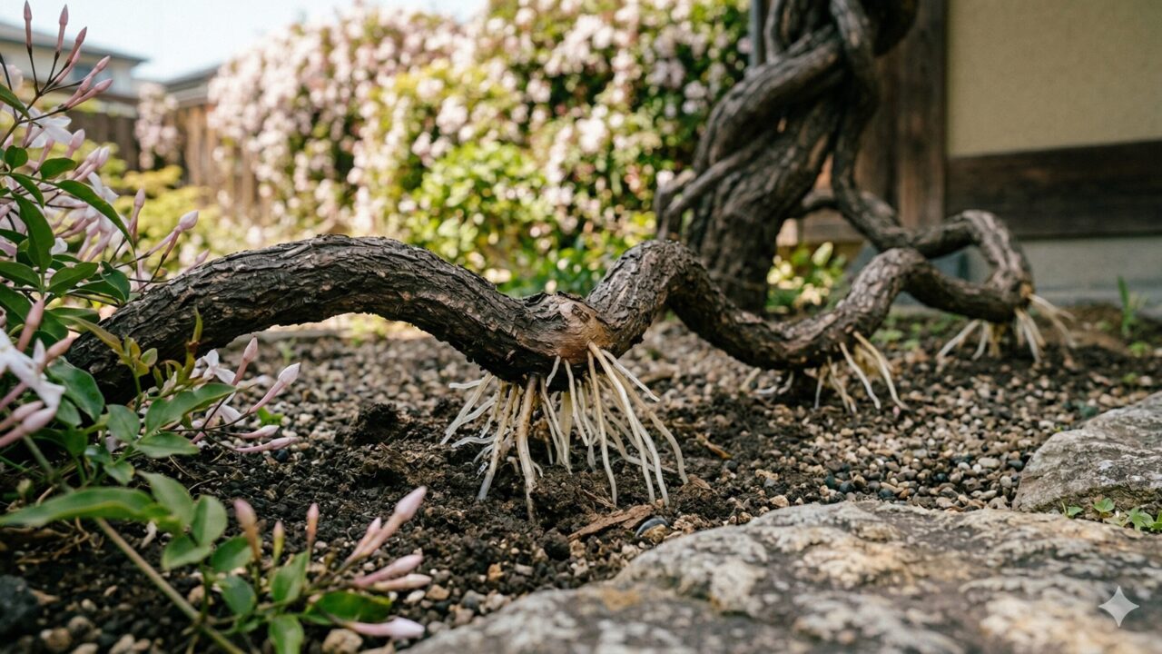 地面に触れたつるの節から新しい根が生え、地面に定着しようとしているハゴロモジャスミン。