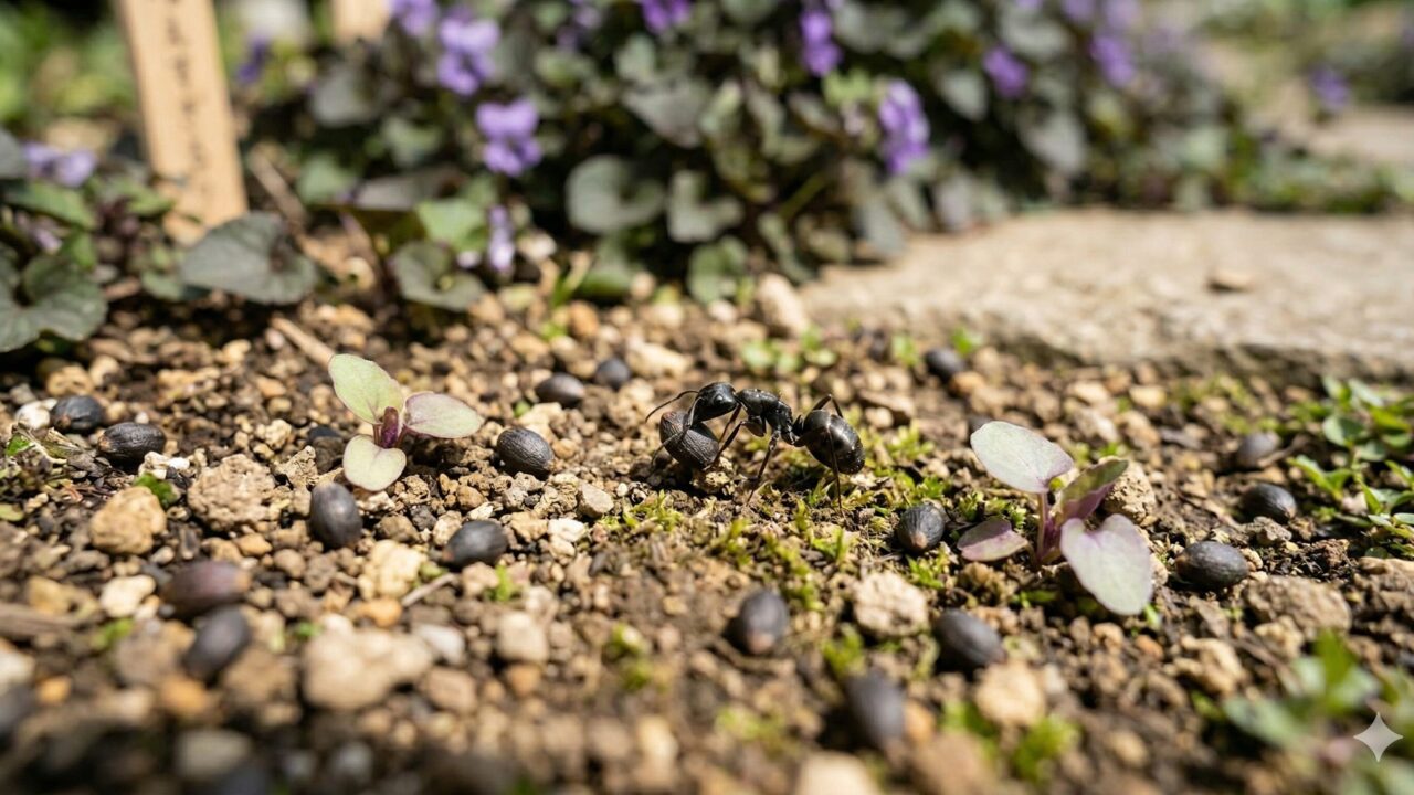 庭の土の上にこぼれた小さな種と、その傍らを歩くアリの接写写真。
