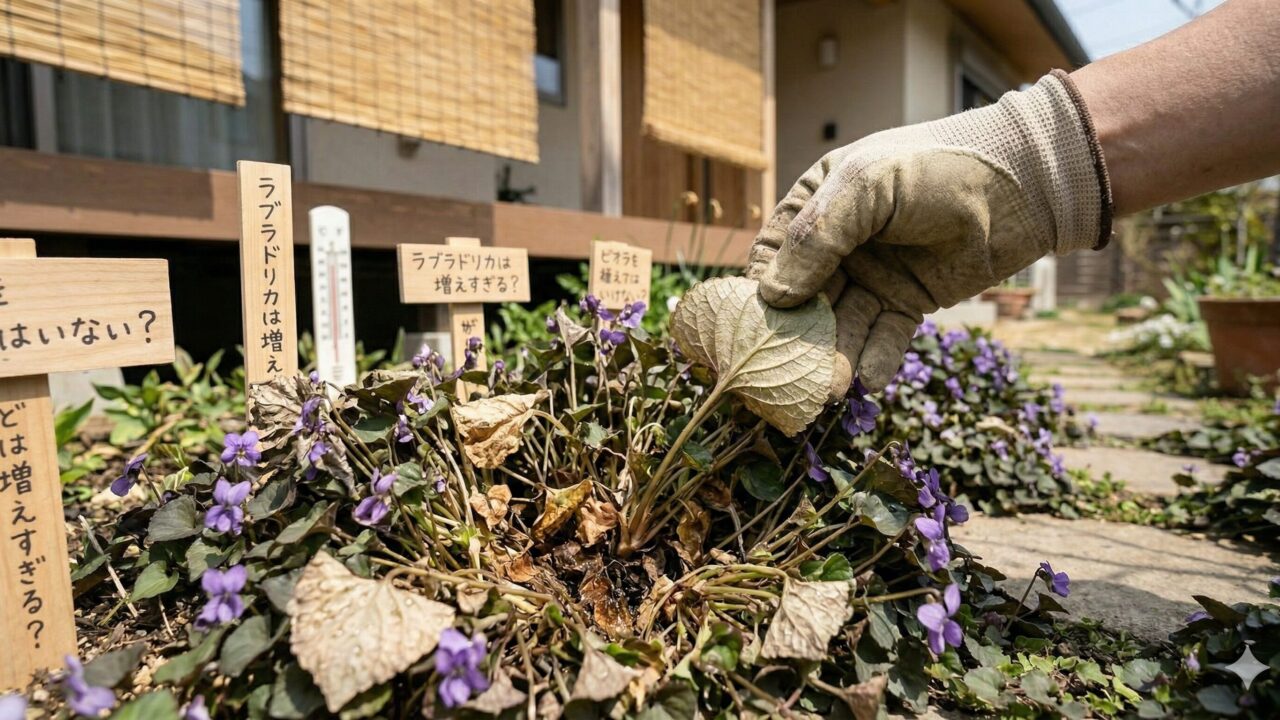 夏の強い日差しと湿気の影響で、根元が少し蒸れて元気がなくなってしまった庭の植物。