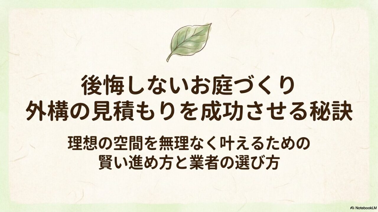 後悔しないお庭づくりと、外構の見積もりを成功させる秘訣が書かれた表紙スライド