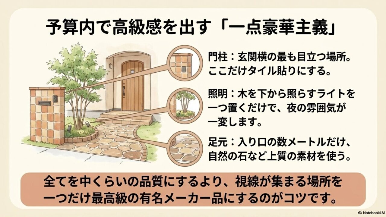 門柱のタイル貼り、シンボルツリーを照らす照明、入り口の石材など、視線が集まる場所を最高級にする「一点豪華主義」のポイント解説図。