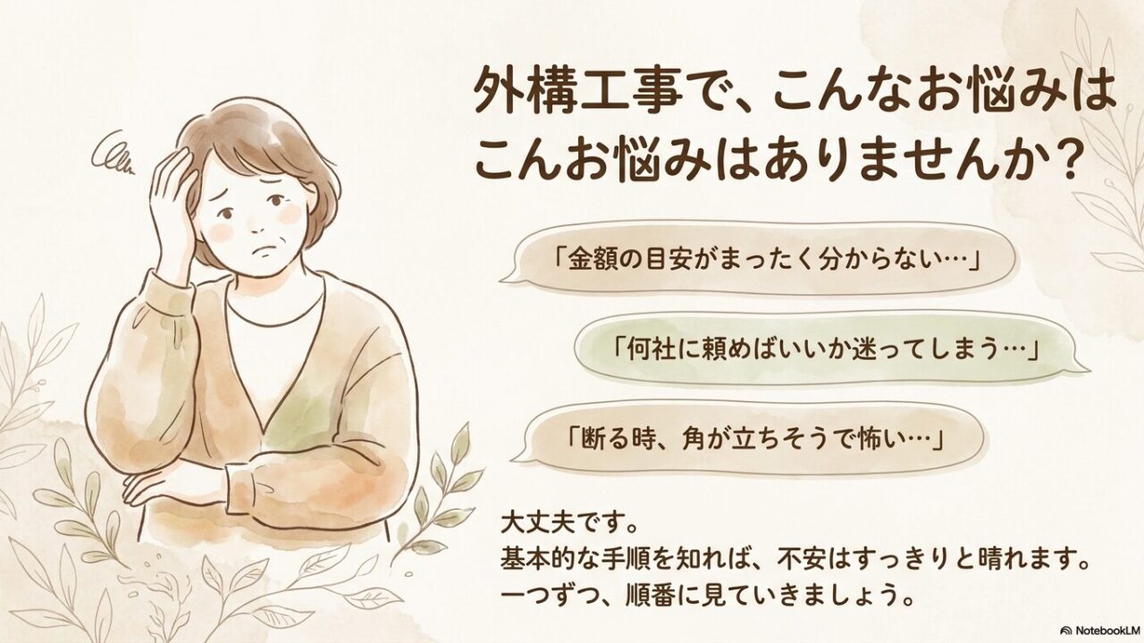 金額の目安や依頼社数など、外構工事に関する悩みを抱える女性のイラスト