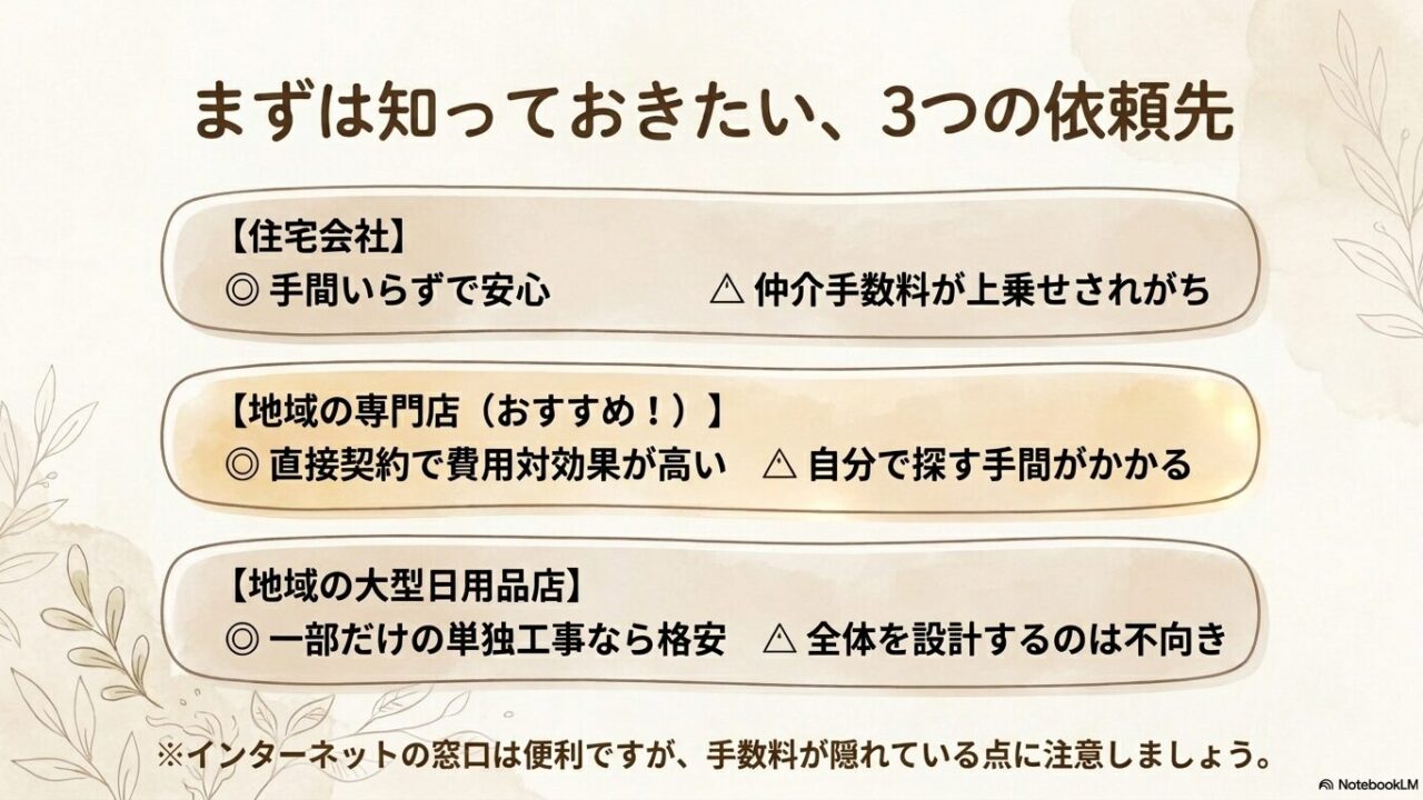 住宅会社、地域の専門店、大型日用品店のメリットとデメリットを比較したスライド