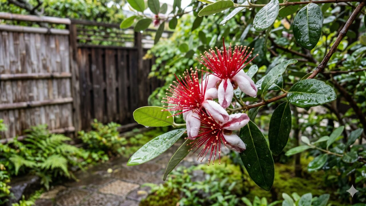 雨粒がついたフェイジョアの個性的な花と、しっとりと濡れた艶のある緑色の葉。