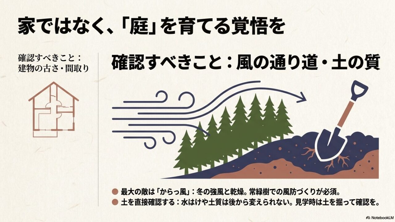 建物の間取りだけでなく風の通り道や土質を確認し、群馬特有のからっ風対策として常緑樹の風防づくりが必須であることを図解したスライド画像