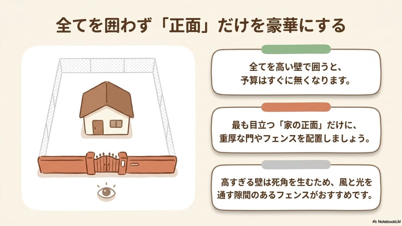 全てを高い壁で囲わず、家の正面だけに重厚な門やフェンスを配置し、風と光を通す隙間を設けた外構デザインのイラスト
