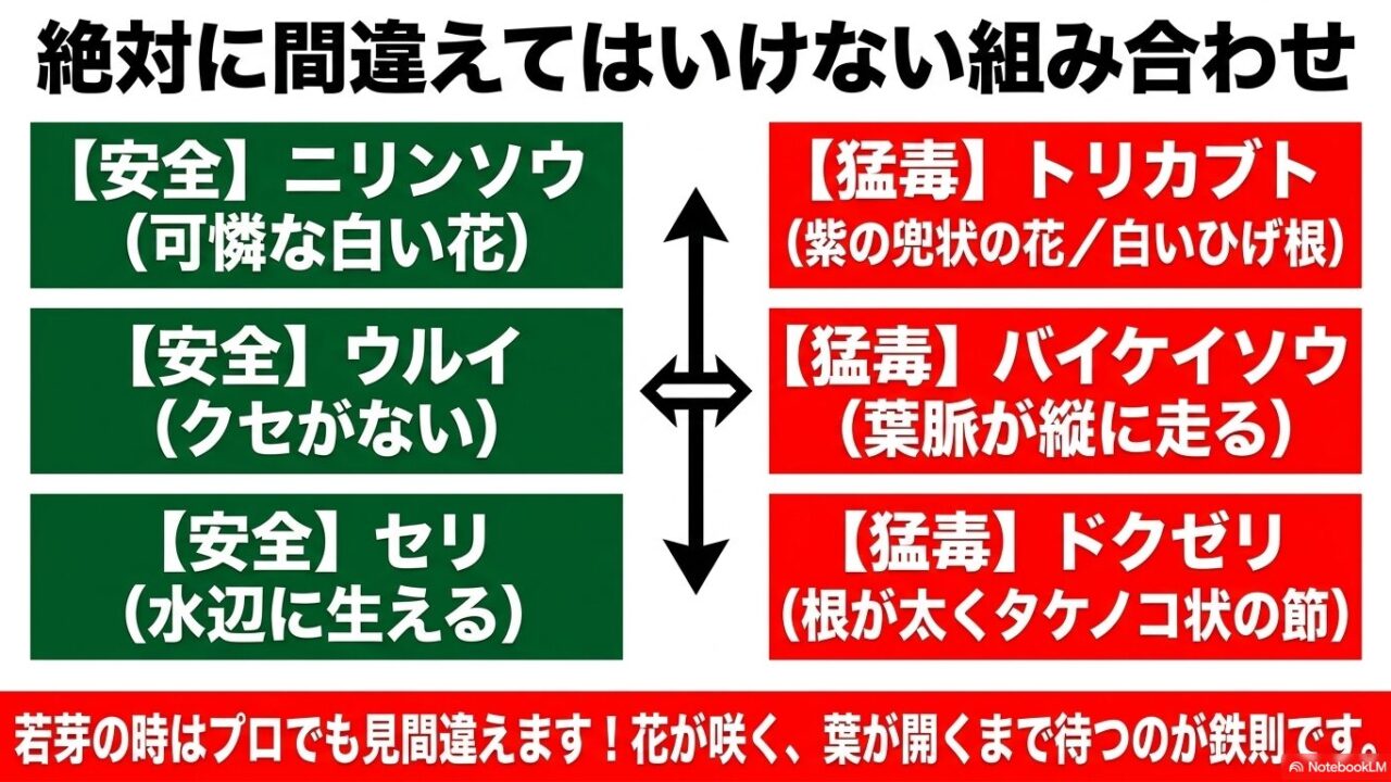 庭の平面図に警告マークを表示し、ギョウジャニンニクに似た葉を持つイヌサフランが春に牙を剥く危険性を解説したスライド。