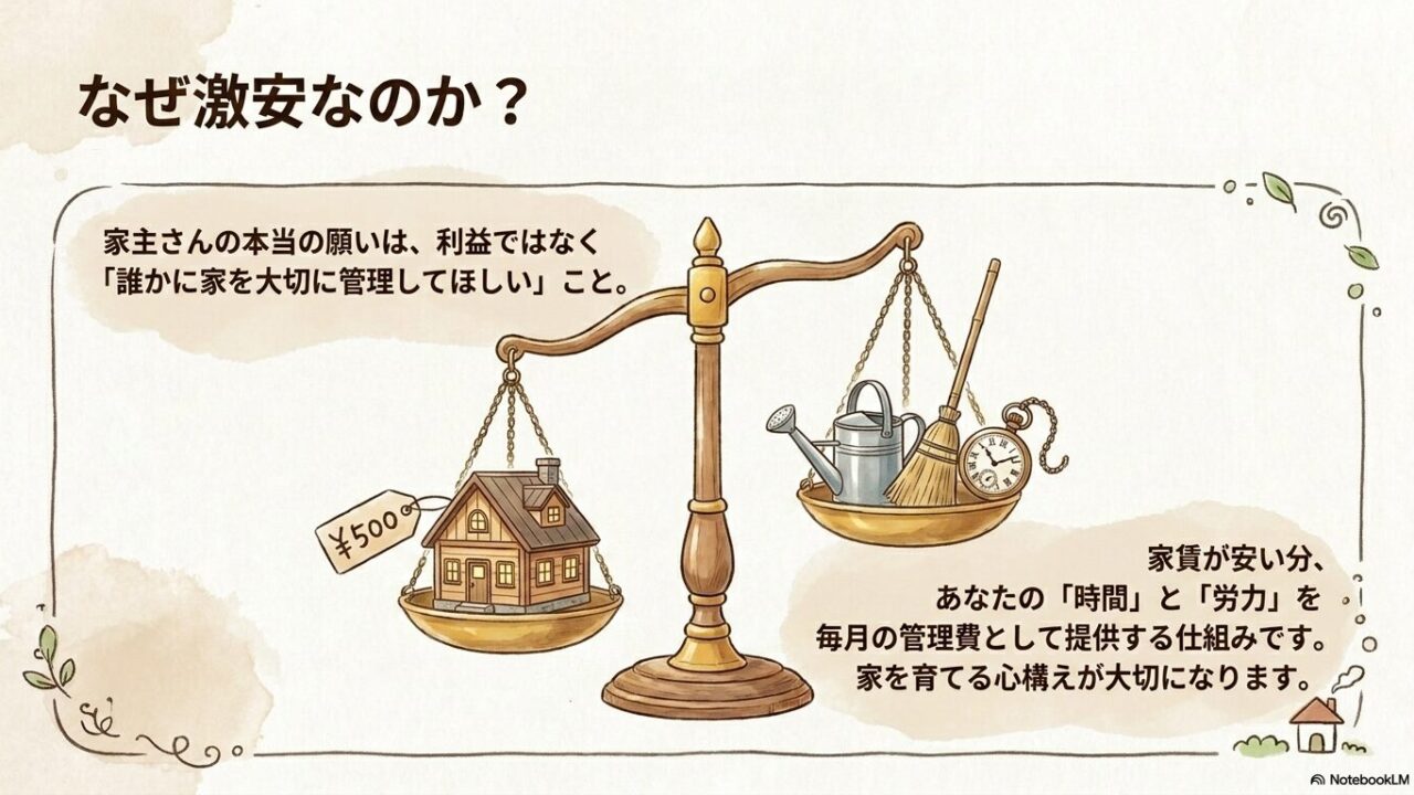 激安空き家は家主が利益よりも管理を求めており、時間と労力が管理費になるという図解