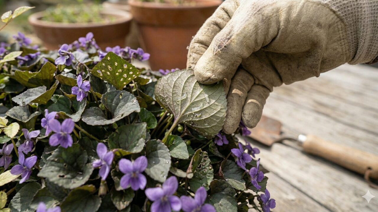 庭で園芸用手袋をはめた日本人の手が、ビオラの葉の裏を丁寧にチェックしている様子。