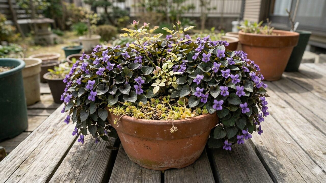 テラコッタの鉢の中で勢いよく広がり、隣の植物を覆い尽くそうとしているビオラ・ラブラドリカの寄せ植え。