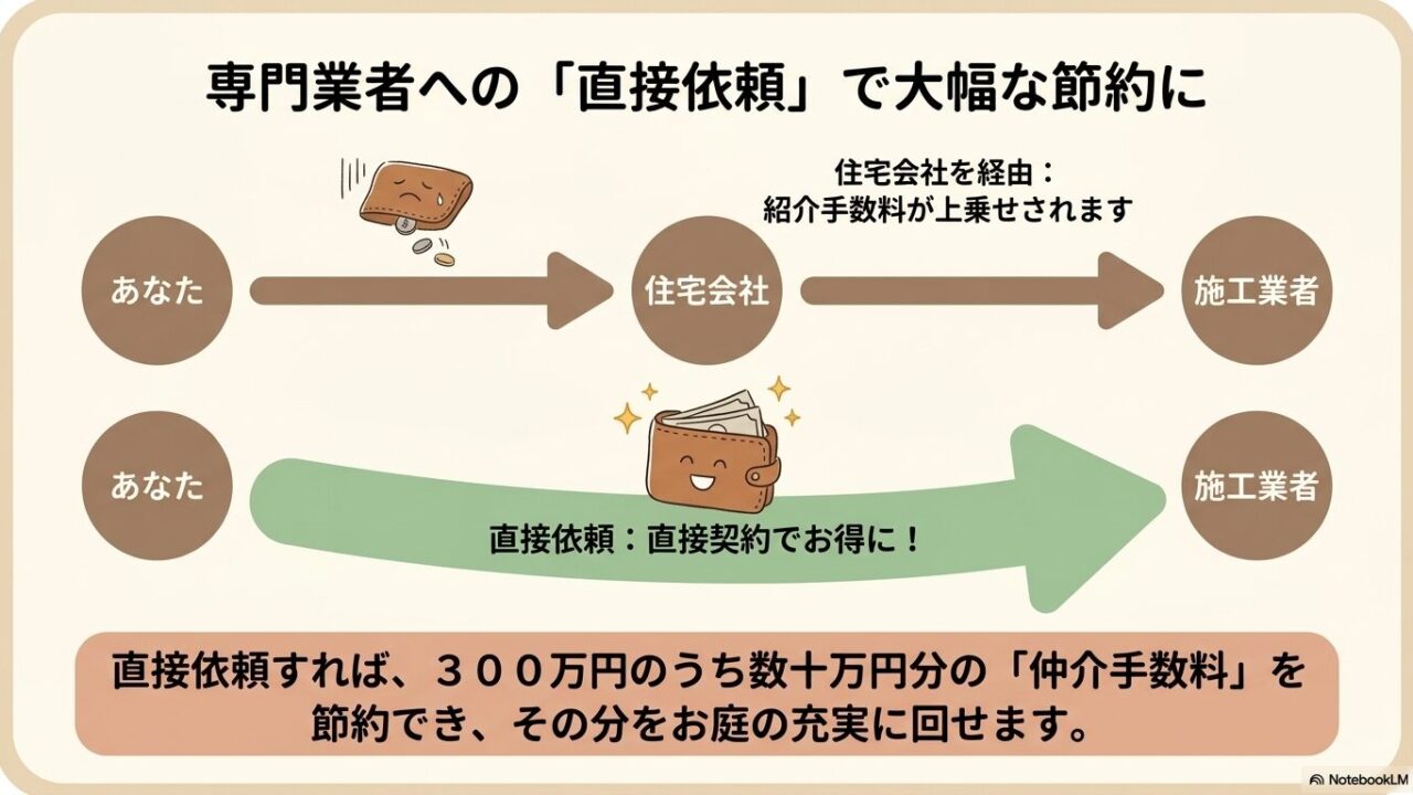 住宅会社経由（紹介手数料が発生）と施工業者への直接依頼（直接契約でお得）を比較したイラスト。仲介手数料分をお庭の充実に回せることを強調