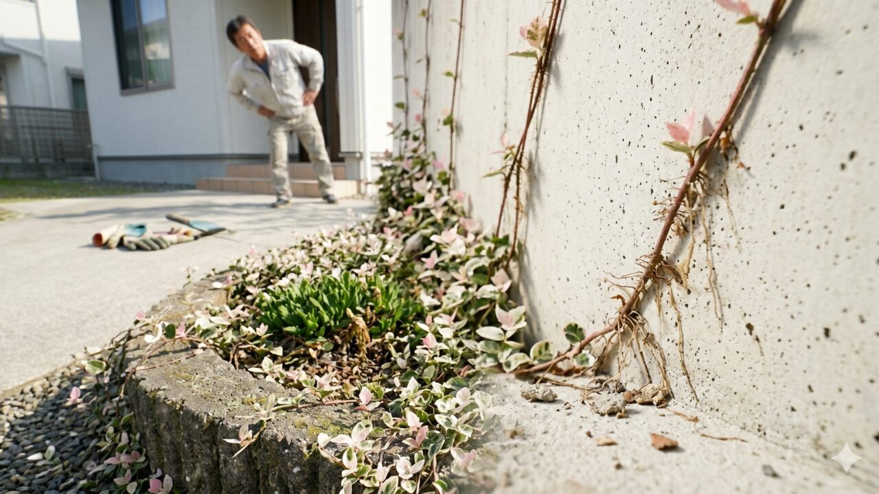 住宅のコンクリート壁にハツユキカズラのつるがしっかりと張り付き、気根が壁の表面に食い込んでいる様子。