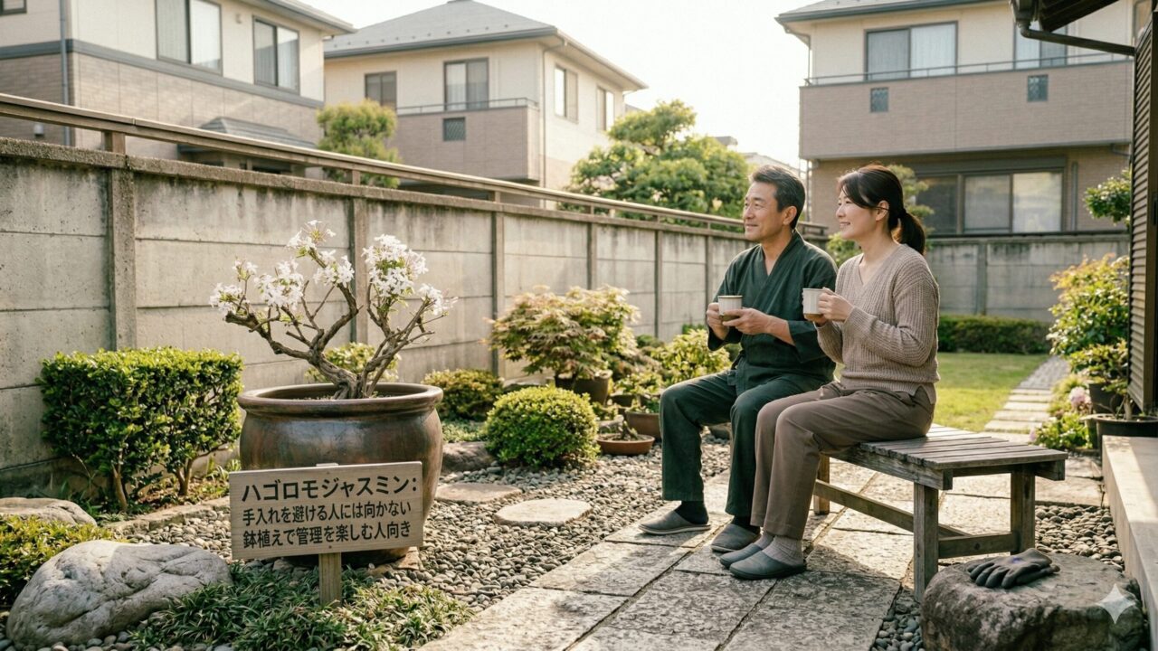 手入れの負担を考え、自分のライフスタイルに合った植物を選んで楽しむ日本人の夫婦。 