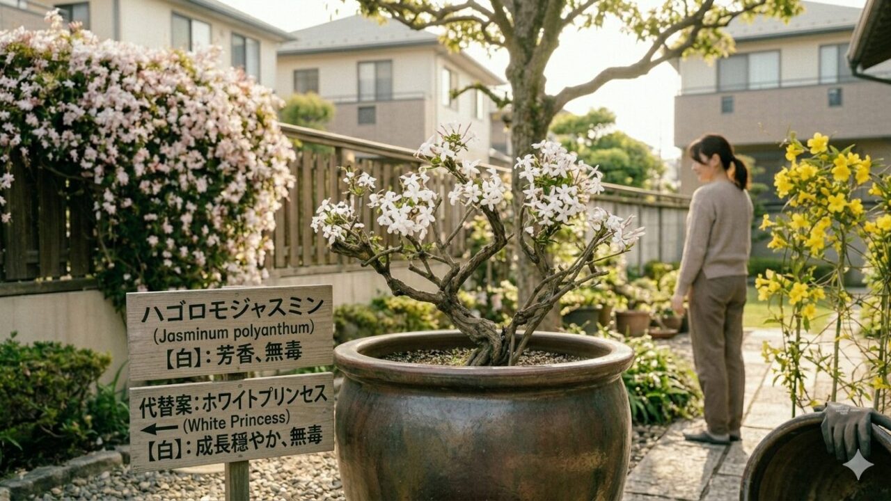 来年のために、花が終わった直後の6月に大幅に切り戻しを行ったハゴロモジャスミン。