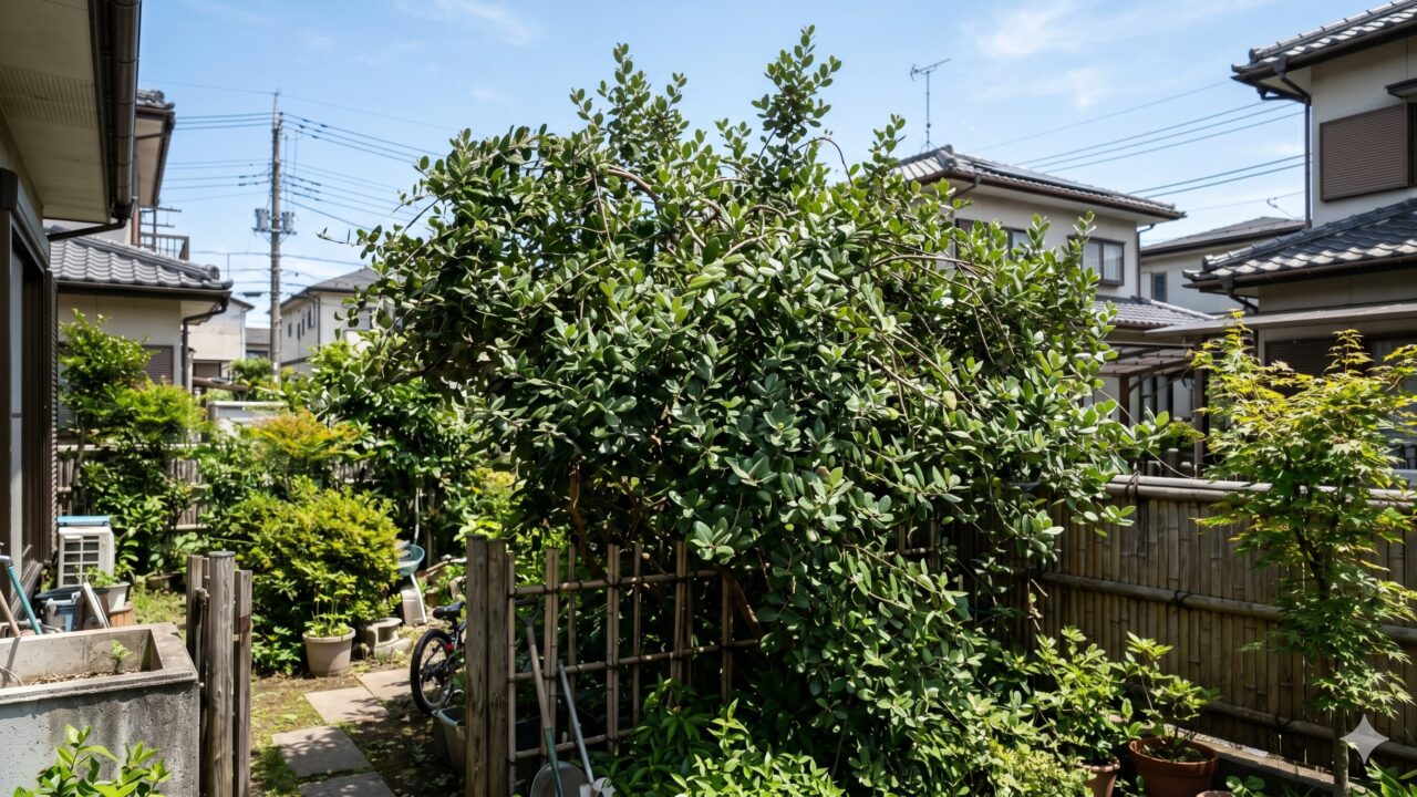 手入れが届かず、枝が不規則に伸びてボサボサに茂ってしまった日本の庭のフェイジョア。