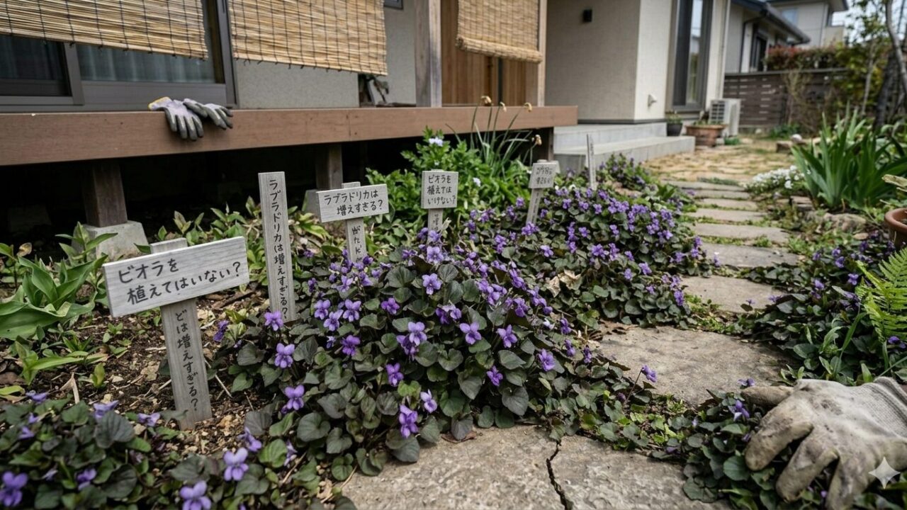 手入れが届かず、飛び石の間に雑草と混ざって生え広がってしまったビオラの銅葉。