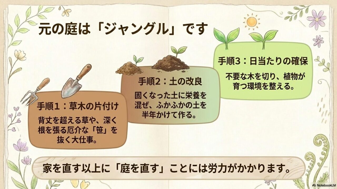 草木の片付け、土壌改良、日当たり確保といった庭作りの初期工程