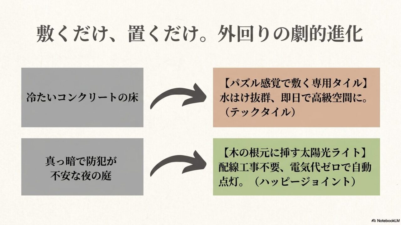 敷くだけ・置くだけの外回りの劇的進化。パズル感覚で敷く専用ガレージタイルと、木の根元に挿す太陽光ライト