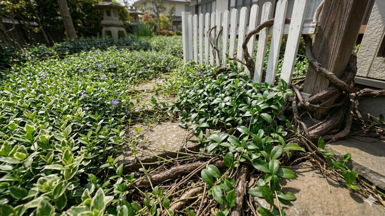 斑入りの葉の中に、先祖返りして勢いよく育つ濃い緑色の葉が混ざったヒメツルニチニチソウ。