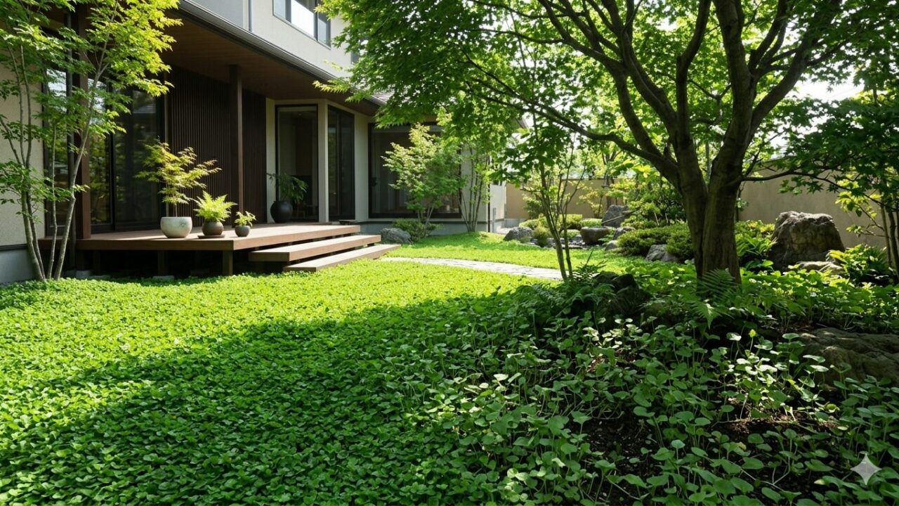 日当たりの良い場所と日陰で、成長の密度や葉の様子が変わるディコンドラの対比。