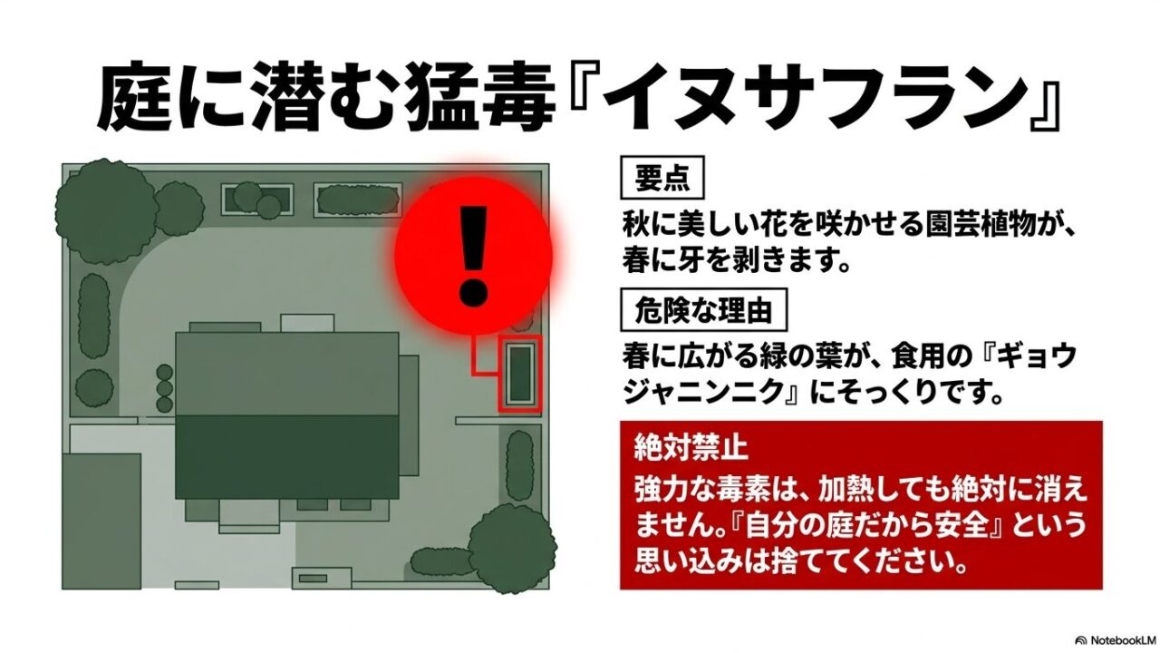 摂取後10分から数時間で現れるしびれ、嘔吐、呼吸不全など、植物毒による急激な体調悪化のプロセスをまとめたスライド。
