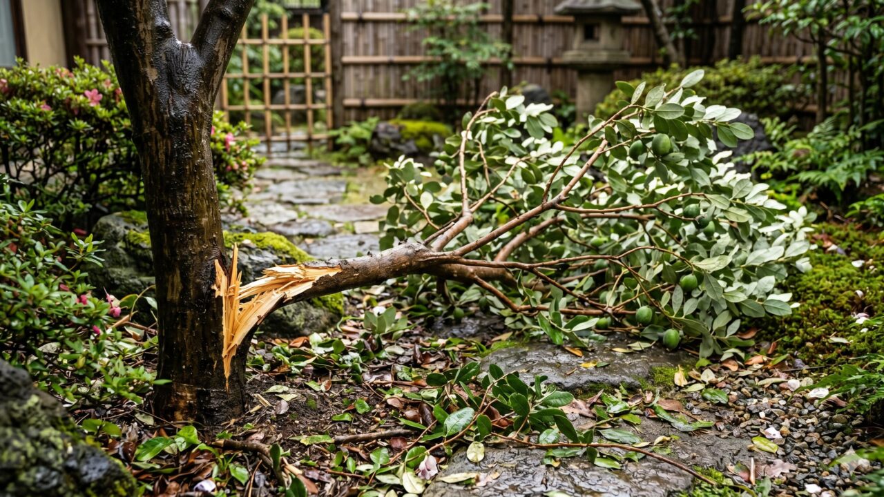 強風の影響で根元からポッキリと折れて地面に落ちてしまったフェイジョアの枝。