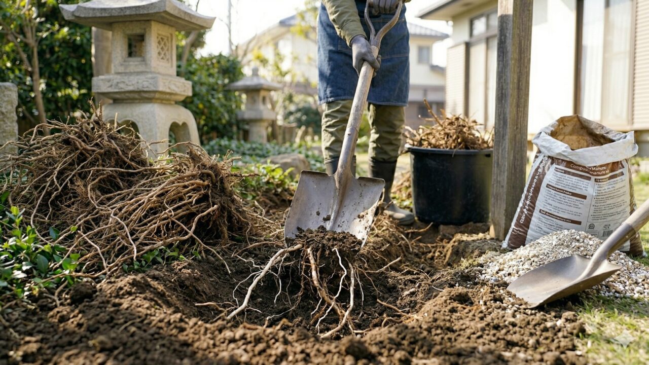 スコップを使って土の深くからヒメツルニチニチソウの白い根を掘り起こす様子。