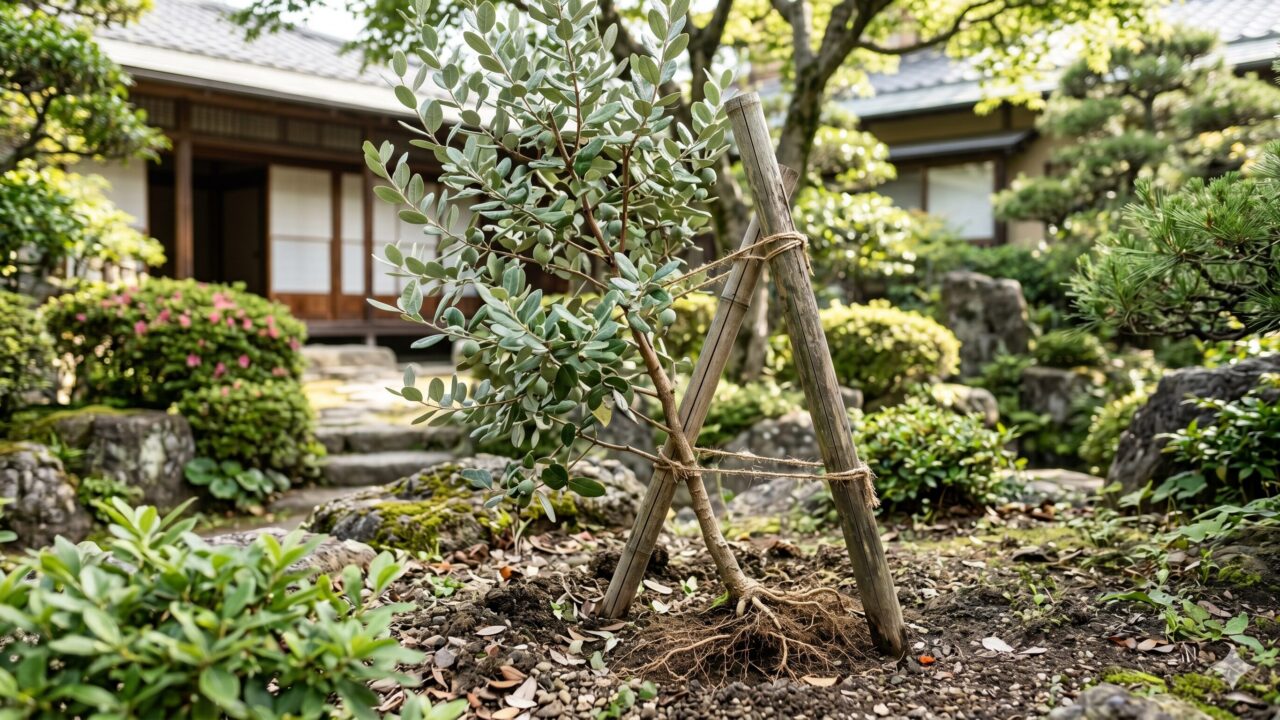 根が浅いため少し傾いたフェイジョアの若木と、それを支えるために設置された木の支柱。