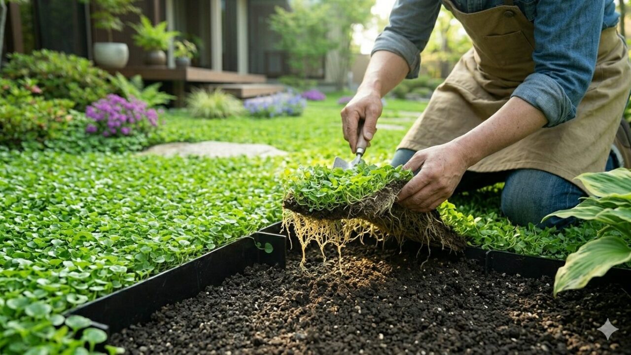 根が浅いため、シャベルで簡単に剥がして範囲を調整できるディコンドラのメンテナンス。
