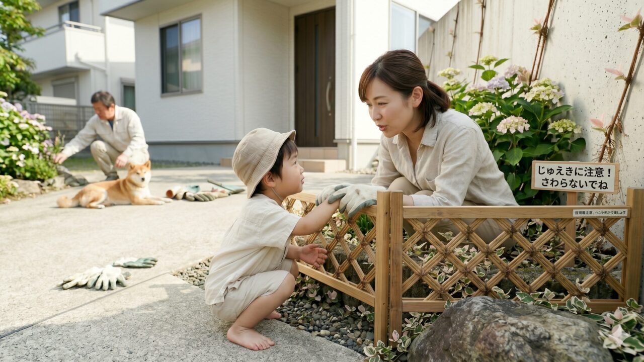 庭で遊ぶ子供をハツユキカズラから遠ざけ、安全な接し方を教えるガーデニング手袋をはめた日本人の母親。