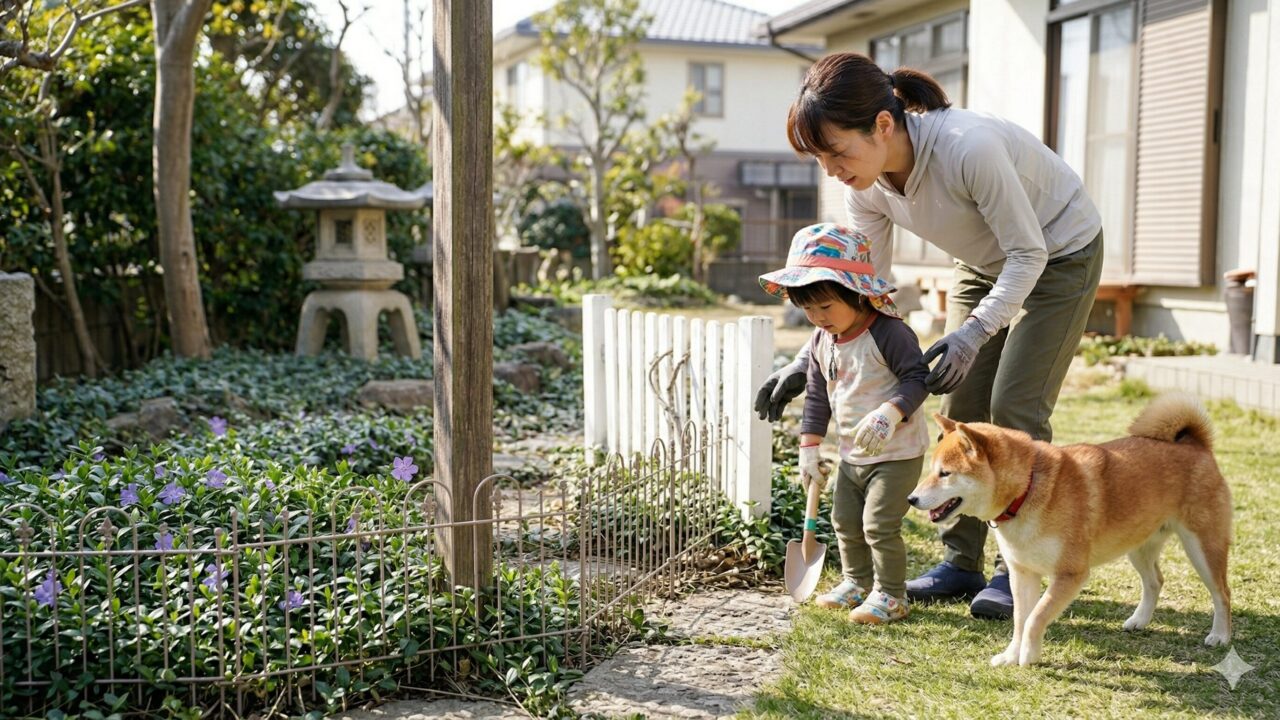 庭で遊ぶ子供を優しく見守りながら、手袋をして作業をする日本人の母親。