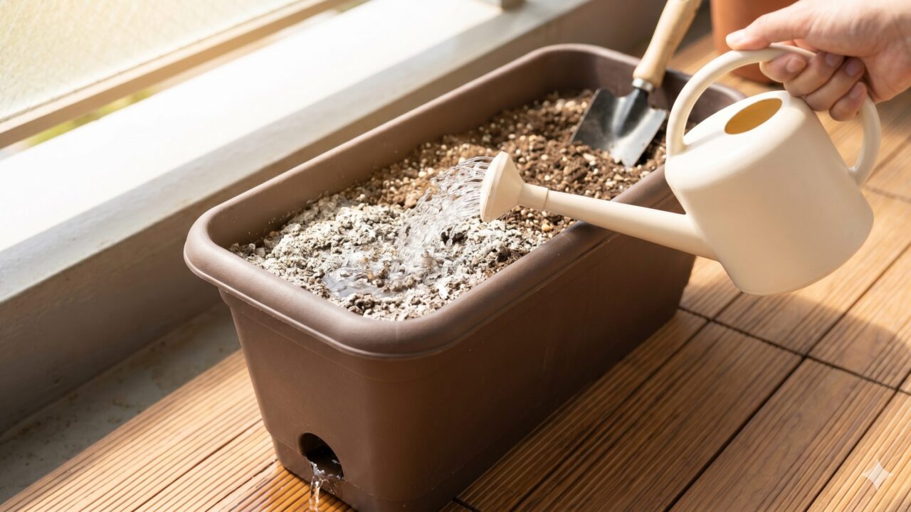 日本人の手がジョウロの先を向け、土の表面が白っぽく乾いたプランターに水をたっぷりと注ぎ始めている様子。鉢の底からは、水が流れ出し始めている。