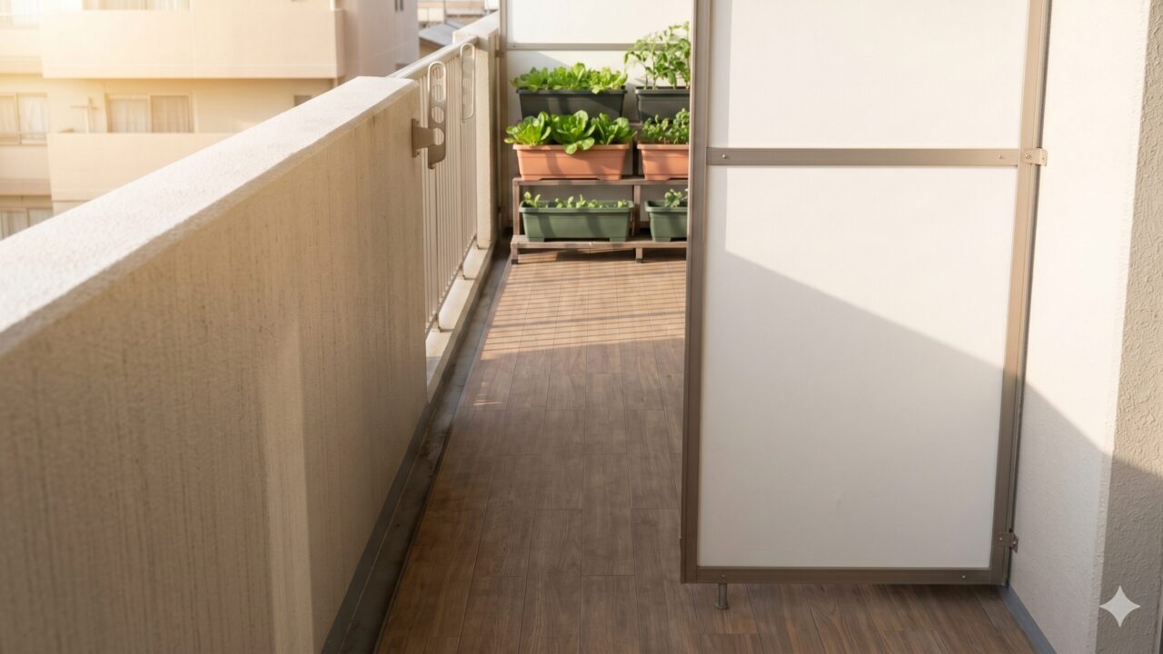 マンションのベランダ。隣戸との境界にあるコンクリートの手すりと、避難時用の薄い隔て板が見える。その前には、物が一切置かれておらず、消防法に基づいた避難経路が確保されている。遠くにプランターが並んでいる。