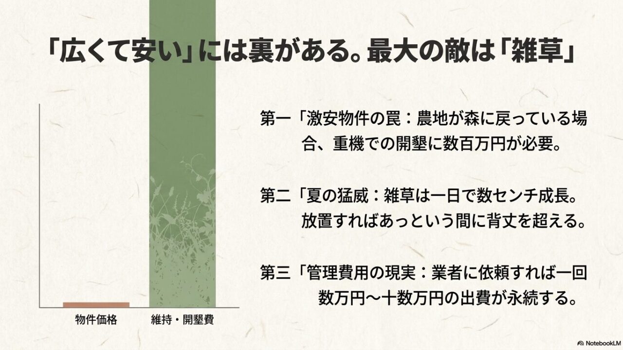 広くて安い物件の裏側にある、激安物件の開墾費用や夏の雑草の猛威、永続する管理費用の現実について解説したスライド画像