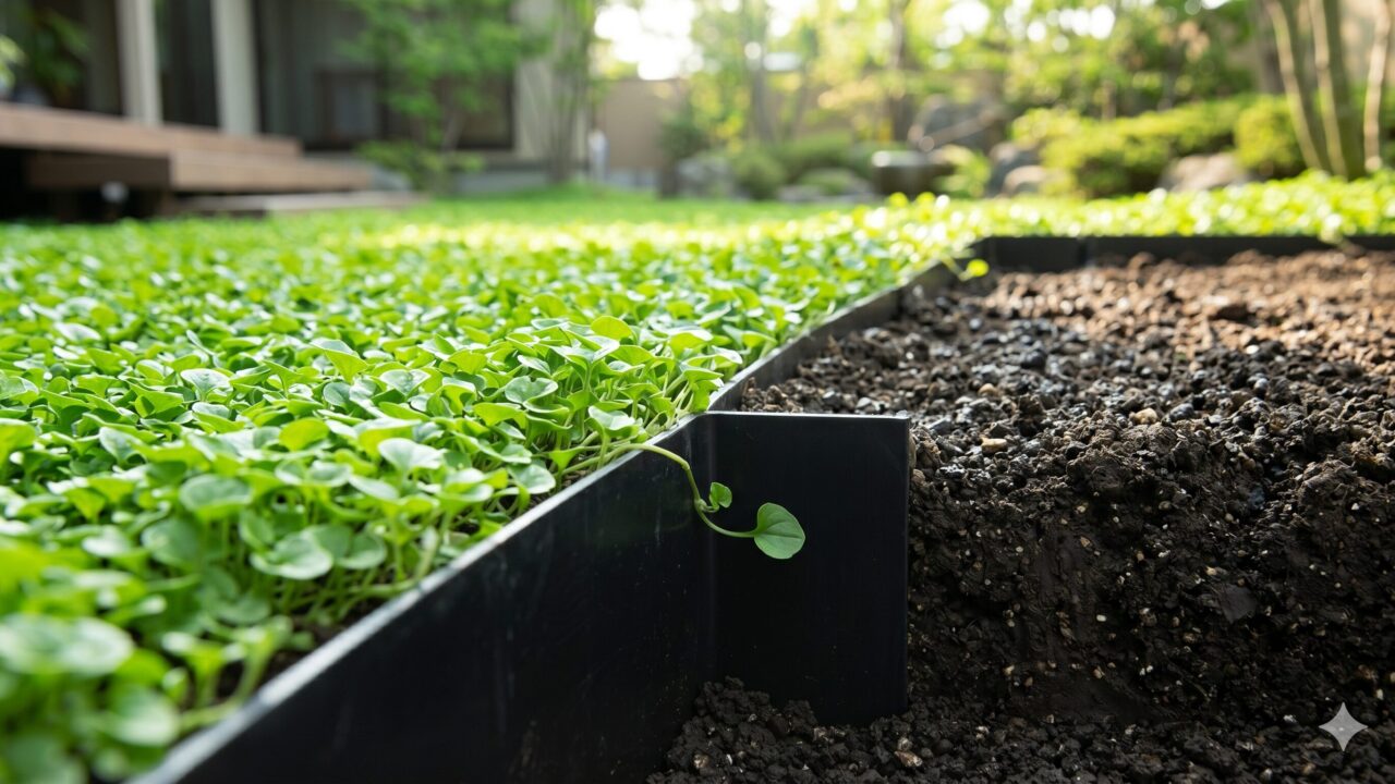 ディコンドラの増えすぎを防ぐために土壌にしっかりと設置された、黒色のガーデニング用根止めシート。