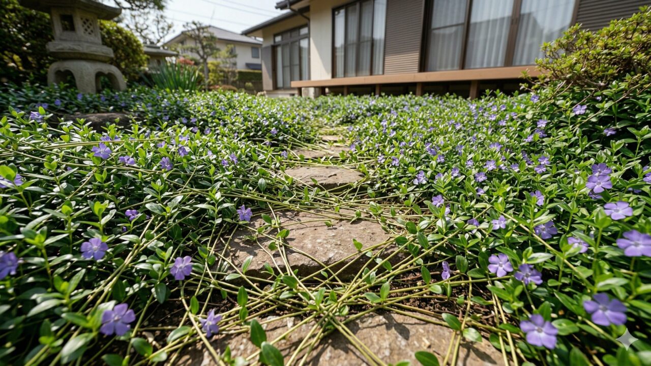 庭の踏み石を覆い尽くすように、四方八方へ長く伸びるヒメツルニチニチソウのランナー。