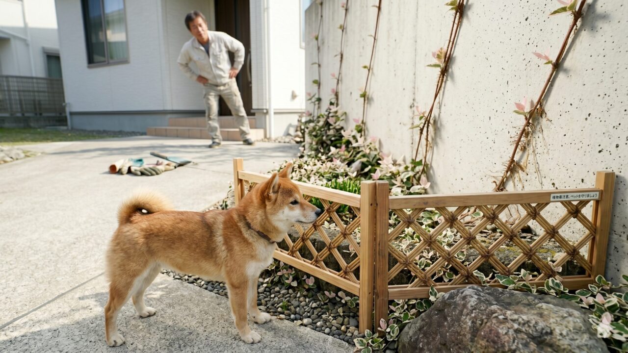 日本の庭で、柵越しにハツユキカズラを眺める柴犬。ペットが植物に近づきすぎないよう配慮された庭の風景。