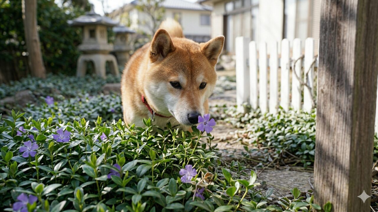 庭に咲くヒメツルニチニチソウに鼻を近づけて興味を示す、日本の柴犬。