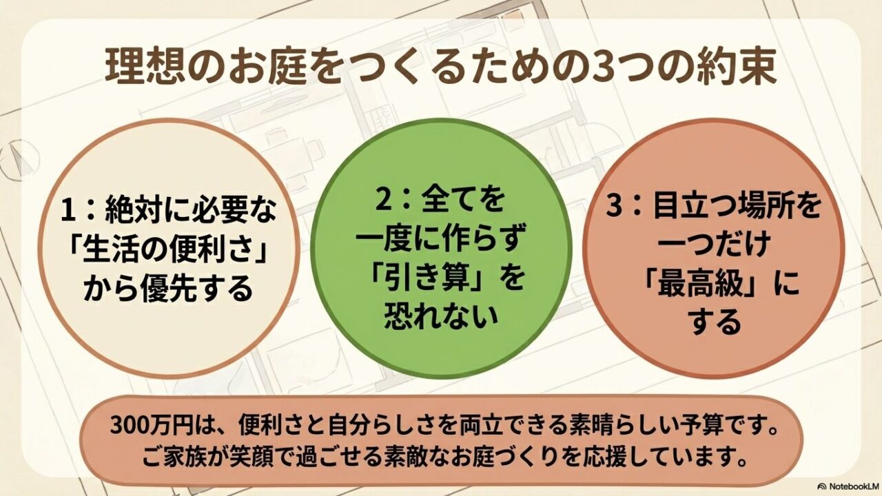 「生活の便利さを優先」「引き算を恐れない」「目立つ場所を一箇所だけ最高級に」という、300万円で理想の庭を作るための3つのルールまとめ。