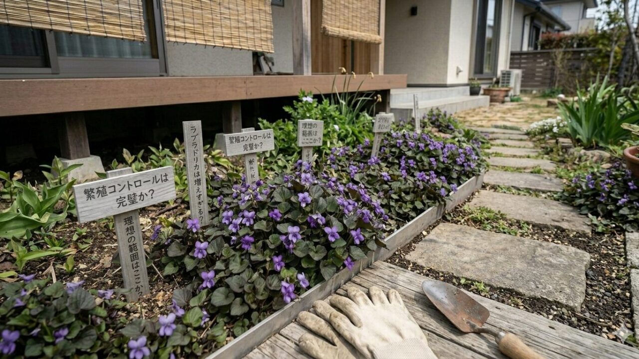 理想の庭を壊さないための繁殖コントロールの鉄則 Image Generation Prompt: A clean and beautiful Japanese stone path (tobishi) surrounded by neatly controlled groundcover. The plants are kept within their designated areas, creating a balanced and artistic look. A professional touch is evident. Warm sunlight, peaceful atmosphere, 8k resolution.Alt Text（Japanese）: 石組みの周りで綺麗に範囲を限定して管理された、バランスの良い庭のグラウンドカバー。
