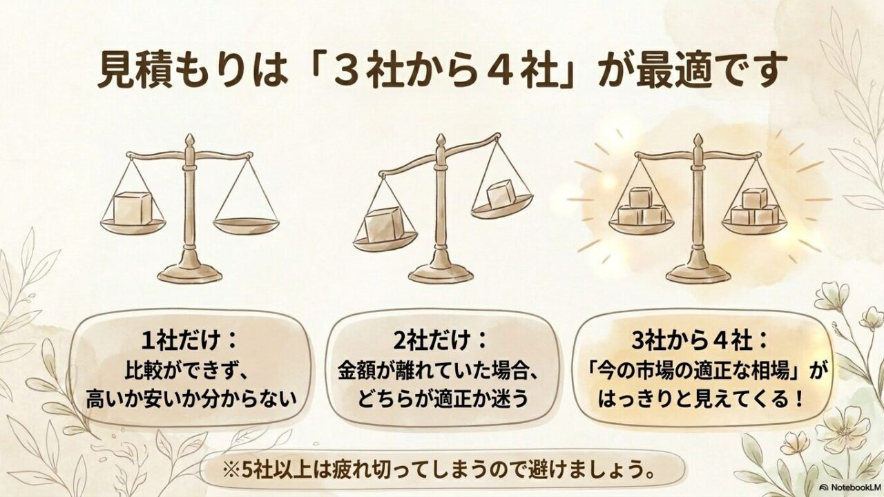 1社、2社、3社から4社の見積もり比較の違いと、最適な社数を示す天秤のイラスト