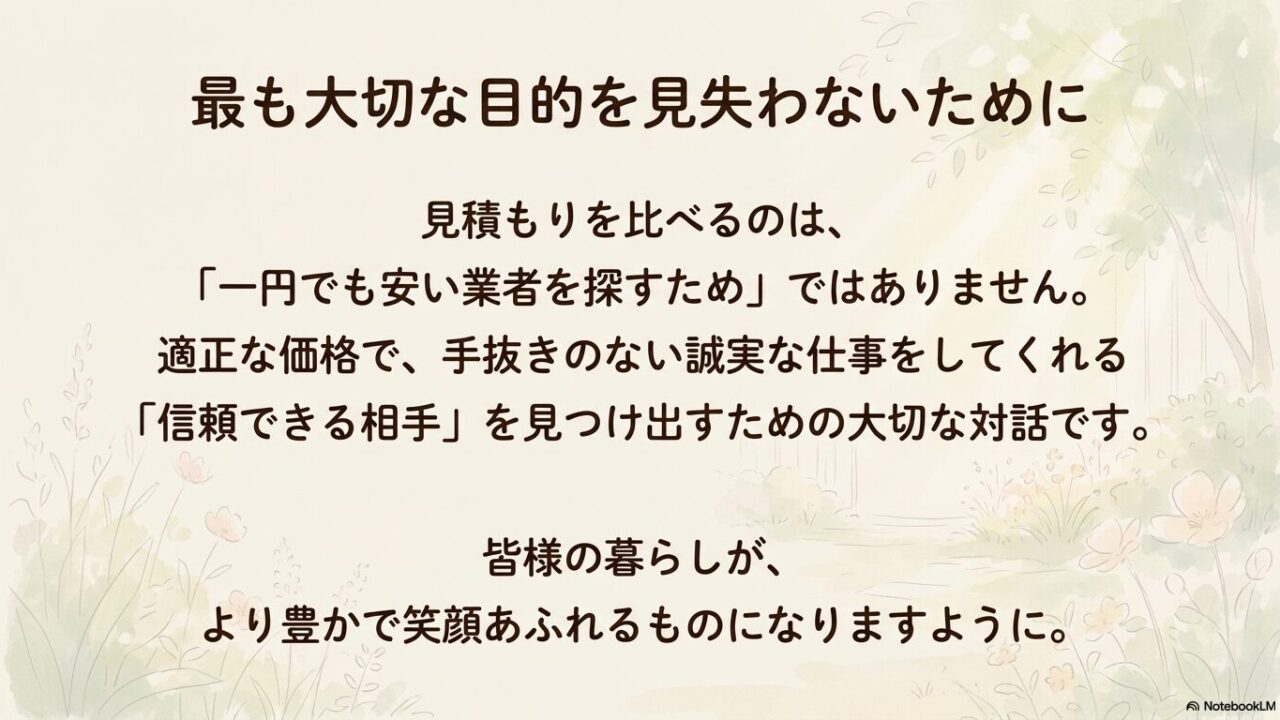 見積もりを比べるのは安い業者を探すためではなく、信頼できる相手を見つけるための対話であるというまとめのスライド