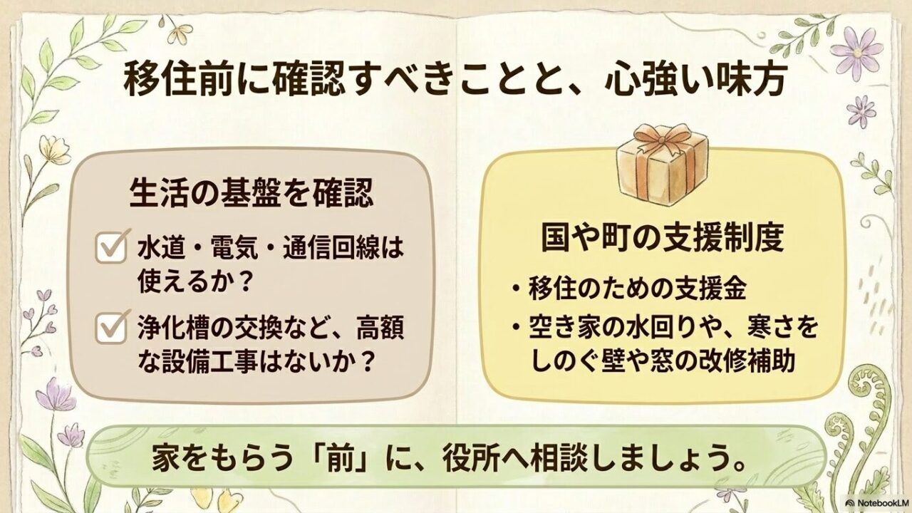 水道電気などのインフラ確認リストと、移住支援金・改修補助金の活用について