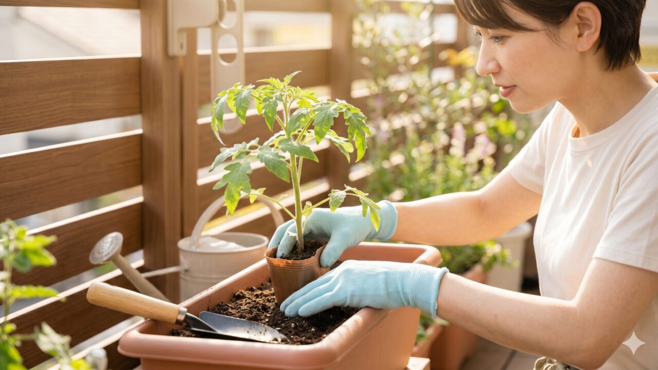 日本人の女性が、園芸店の手袋をはめた手で、ポットに入った健康なミニトマトの苗を、プランターに空けた穴に丁寧に植え替えようとしている様子。隣には、ジョウロが置かれている。