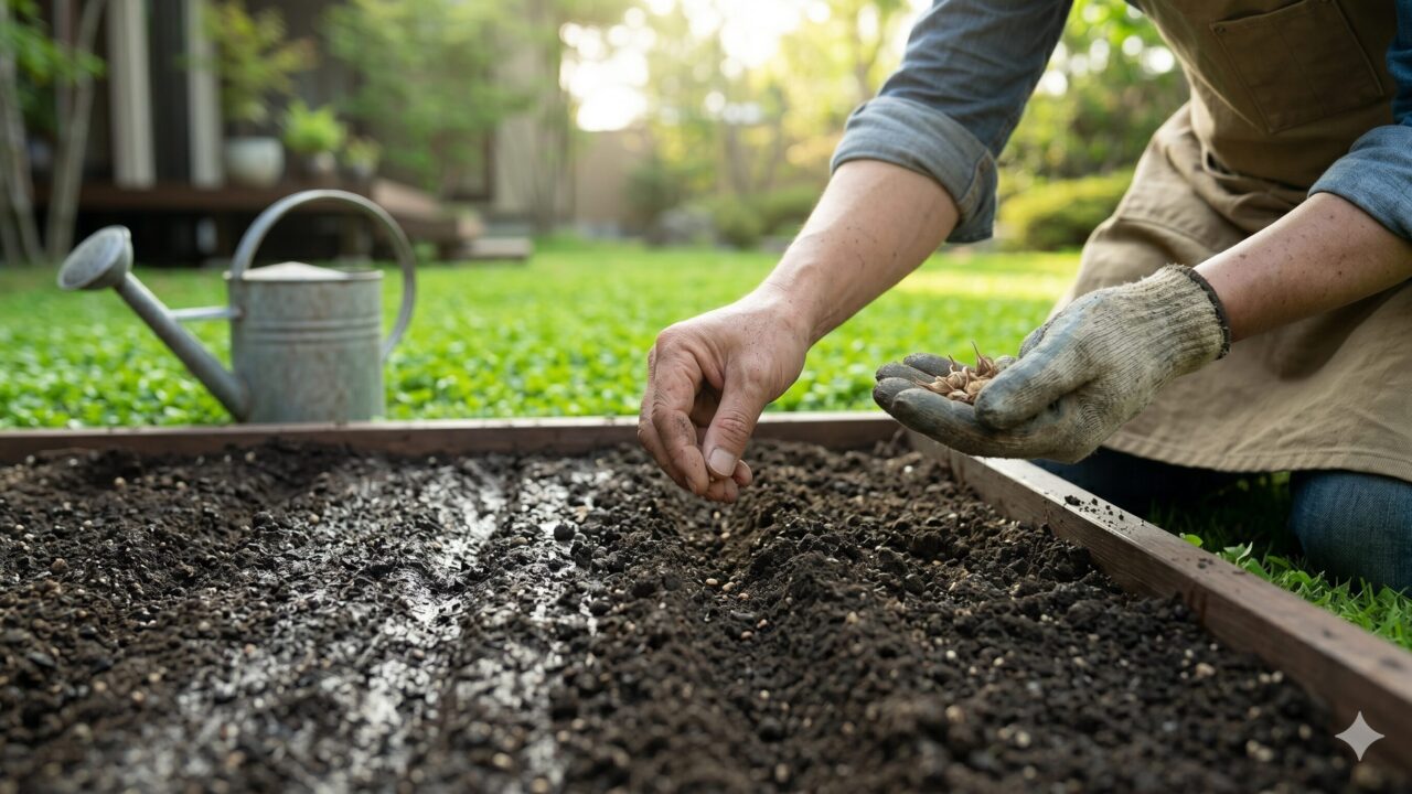 春の温かな日差しの中、湿った土にディコンドラの種を丁寧にまく日本人の手元。